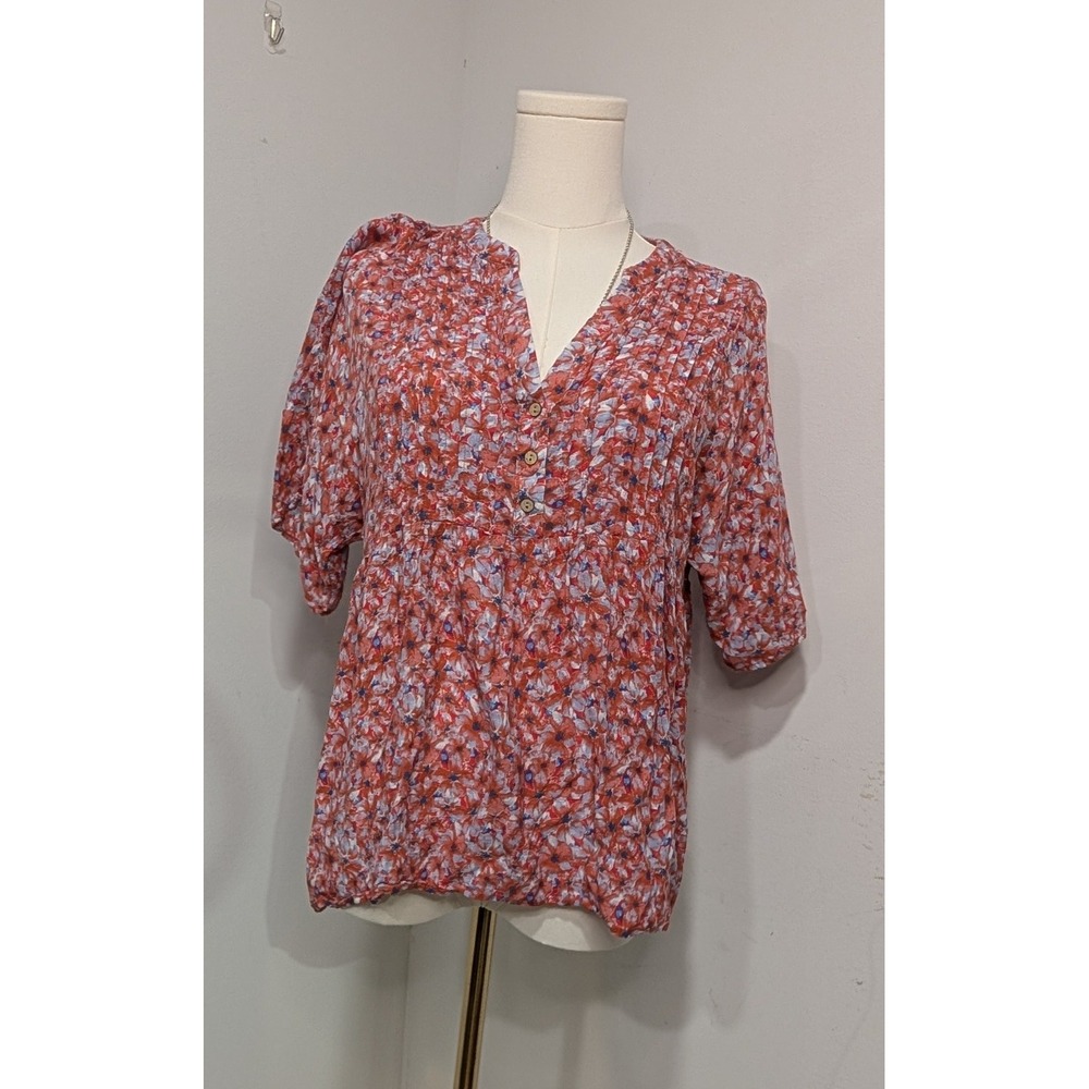 Knox‎ Rose Womens Floral Print Short Sleeve V Neck Button Front Blouse Top M
